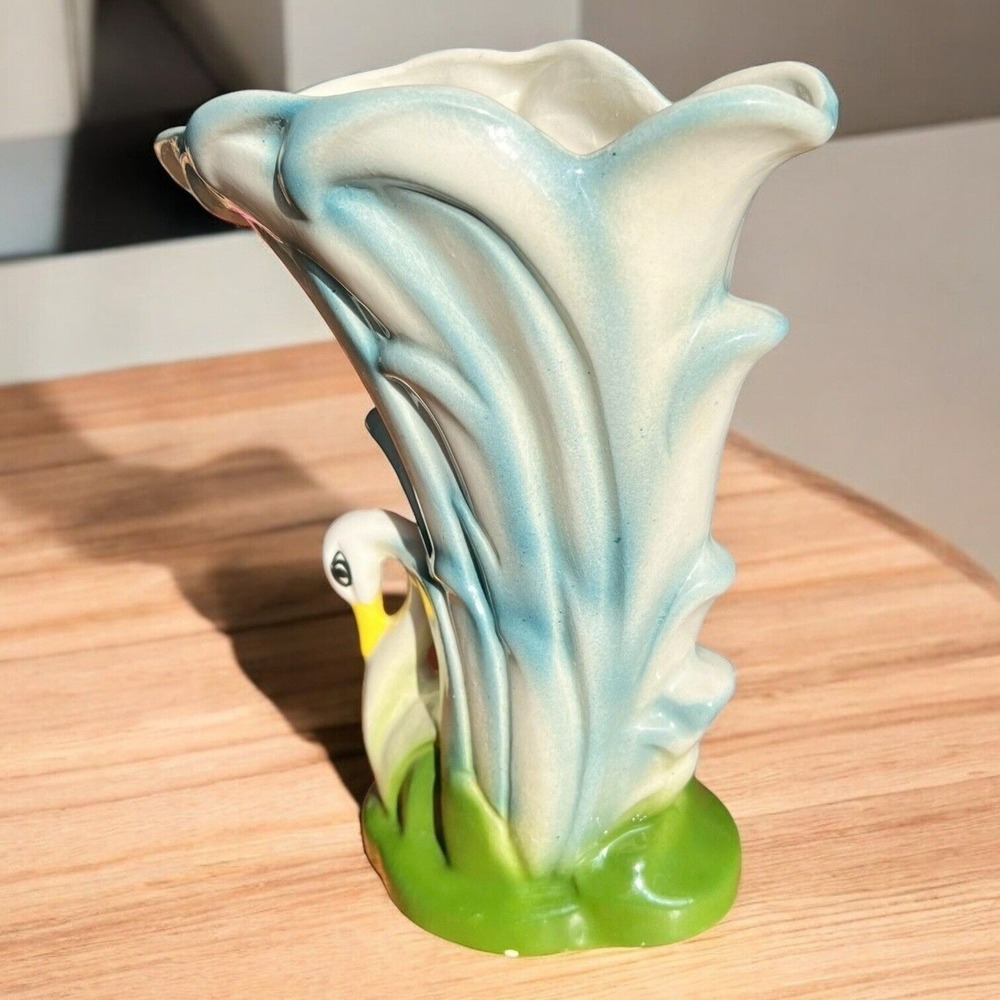 Vtg Swan Ceramic Vase Planter Blue Green White MCM‎ Unsigned McCoy Pottery Retro